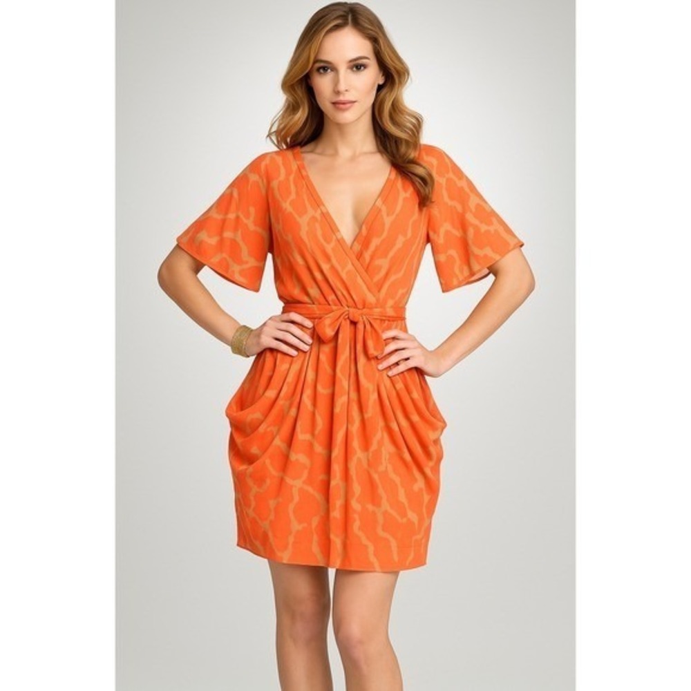 Orange Print Short Sleeve V Neck Tie Waist Tulip Dress XXS